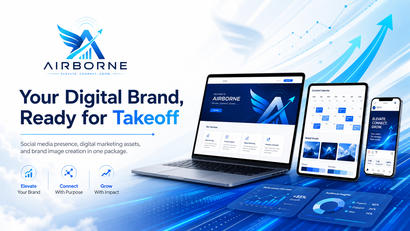 Airborne digital brand launch visual with website, tablet and mobile experience