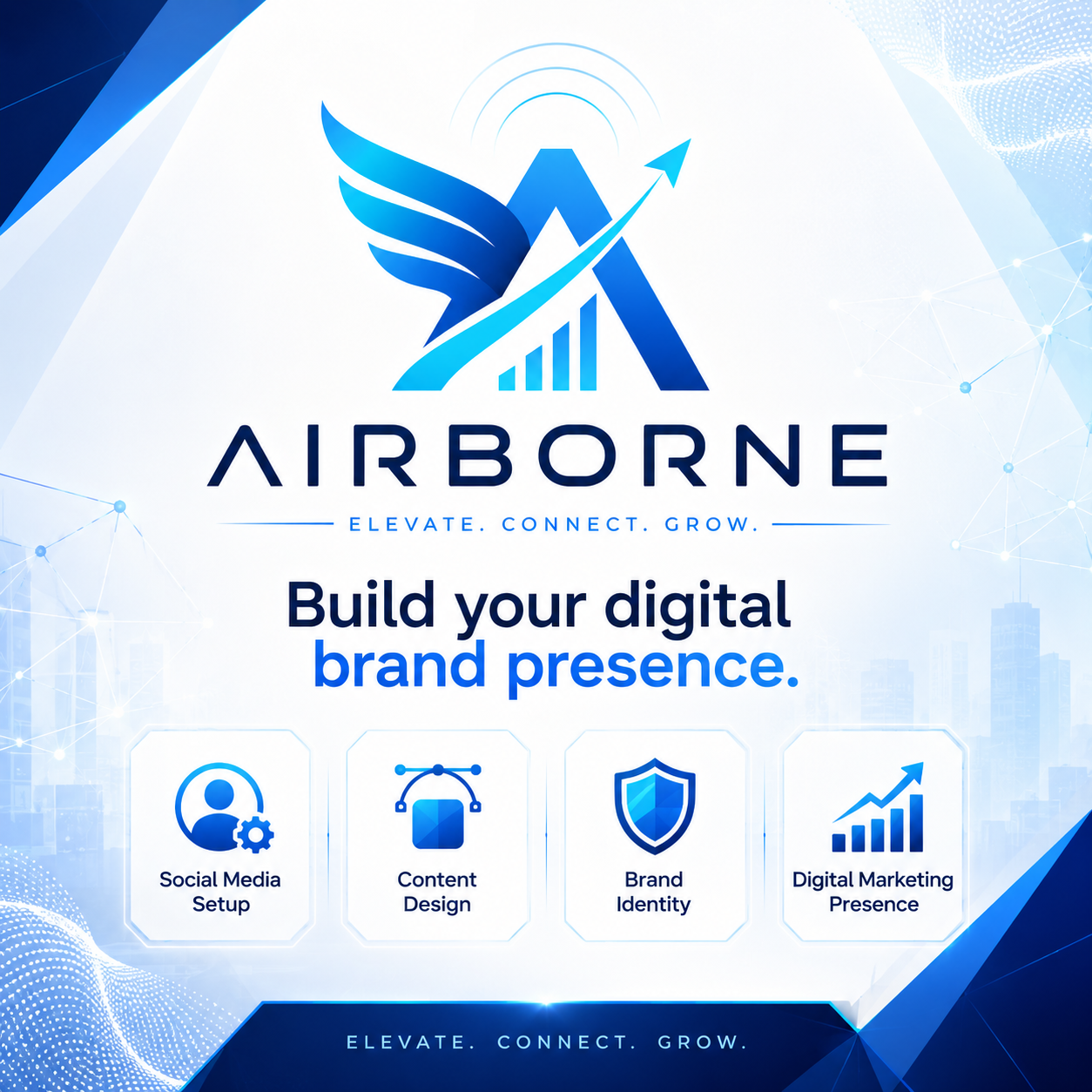 Airborne digital brand presence visual with logo, content and marketing services